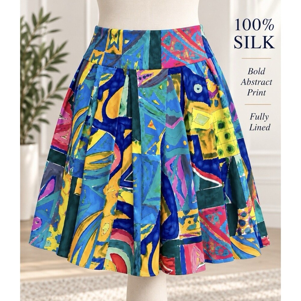 Lauren Ralph Lauren Silk 100% Silk Abstract Wide Pleats A-Line Flare Artsy Sz 10